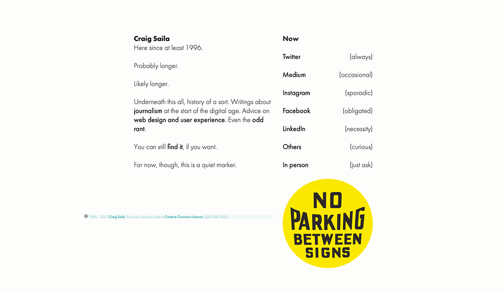 A simple text based homepage with a large yellow circle in the bottom corner. Inside the circle is text that reads No Parking